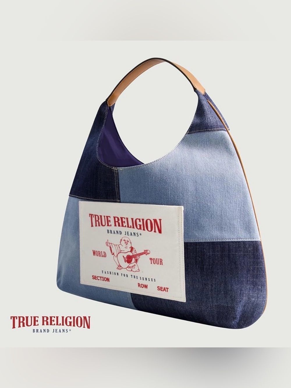 True Religion Blue White Patchwork Fade Denim Ticket Patch Hobo Shoulder Bag NEW